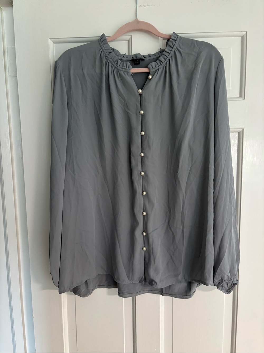 Ann Taylor Gray Ruffled-Neck Pearl-Button Blouse